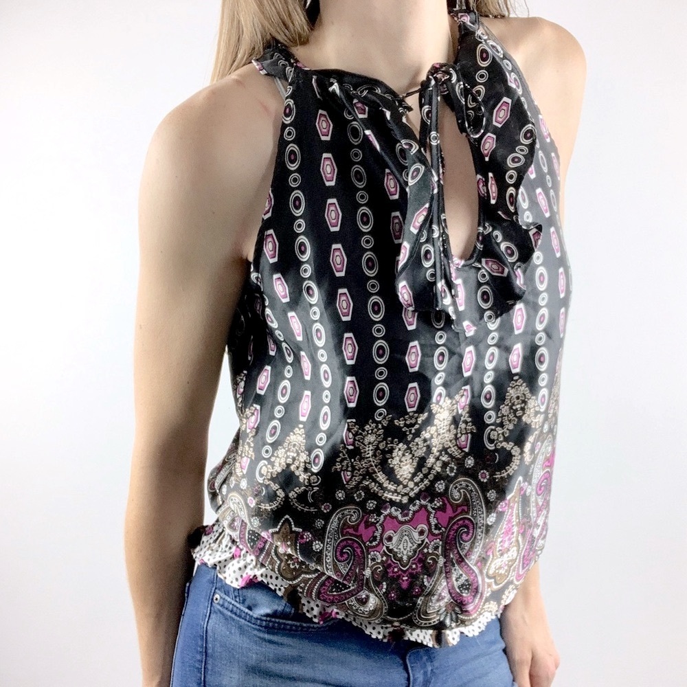 ROMY |💜 Paisley Satin Ruched Sleeveless Ruffle Top